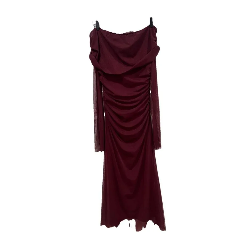 Women’s Wedding Formal Brunch Burgundy Long Dress Size Medium M Ruched Unbranded